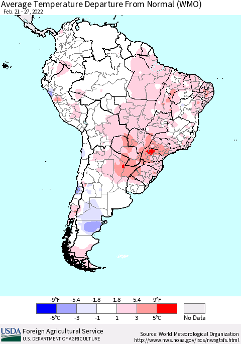 South America Average Temperature Departure from Normal (WMO) Thematic Map For 2/21/2022 - 2/27/2022
