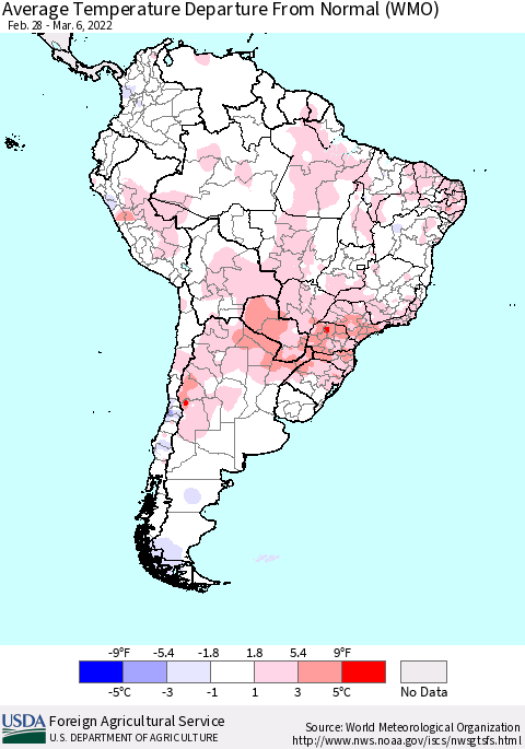 South America Average Temperature Departure from Normal (WMO) Thematic Map For 2/28/2022 - 3/6/2022