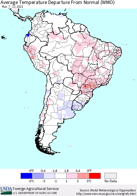 South America Average Temperature Departure from Normal (WMO) Thematic Map For 3/7/2022 - 3/13/2022