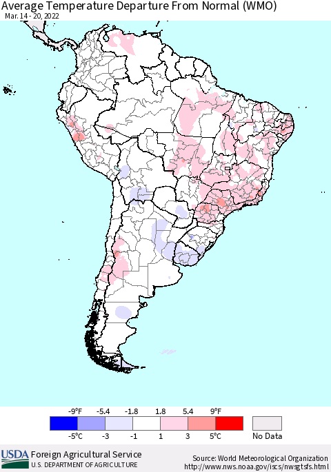 South America Average Temperature Departure from Normal (WMO) Thematic Map For 3/14/2022 - 3/20/2022