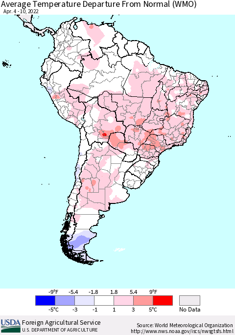 South America Average Temperature Departure from Normal (WMO) Thematic Map For 4/4/2022 - 4/10/2022