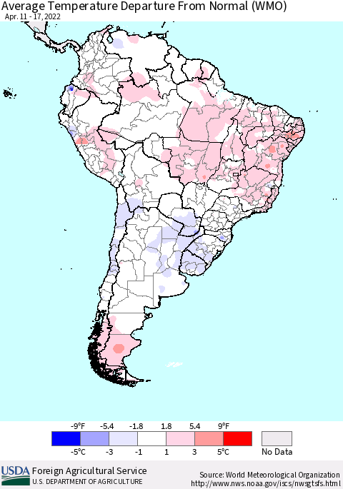 South America Average Temperature Departure from Normal (WMO) Thematic Map For 4/11/2022 - 4/17/2022