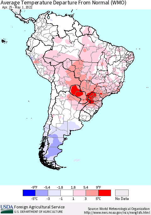 South America Average Temperature Departure from Normal (WMO) Thematic Map For 4/25/2022 - 5/1/2022