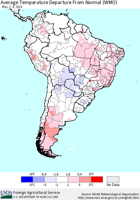 South America Average Temperature Departure from Normal (WMO) Thematic Map For 5/2/2022 - 5/8/2022
