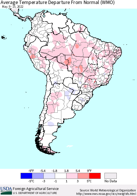 South America Average Temperature Departure from Normal (WMO) Thematic Map For 5/9/2022 - 5/15/2022
