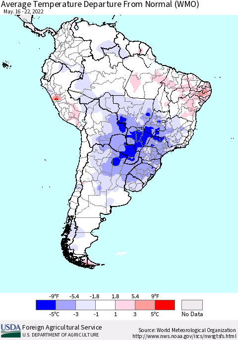 South America Average Temperature Departure from Normal (WMO) Thematic Map For 5/16/2022 - 5/22/2022