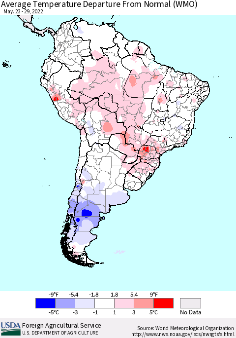 South America Average Temperature Departure from Normal (WMO) Thematic Map For 5/23/2022 - 5/29/2022