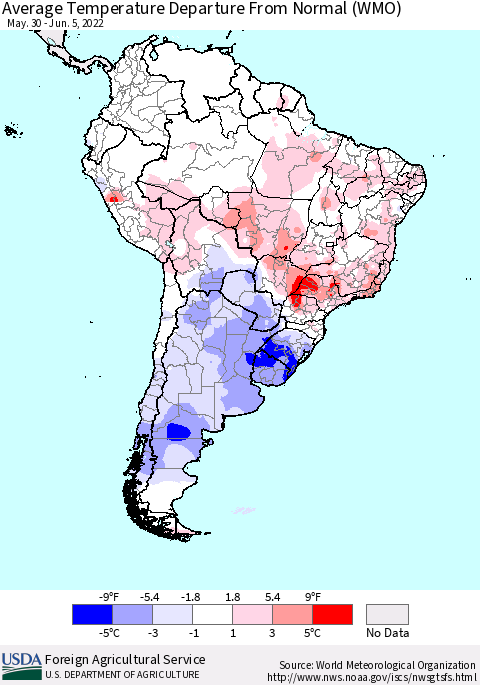 South America Average Temperature Departure from Normal (WMO) Thematic Map For 5/30/2022 - 6/5/2022