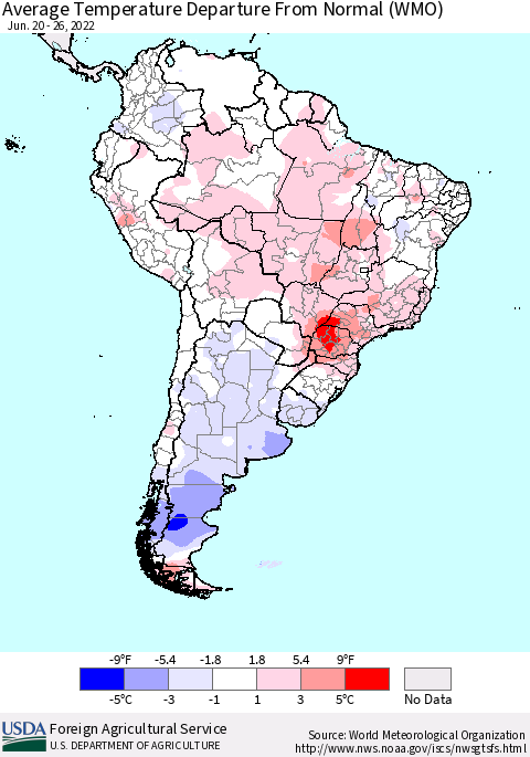 South America Average Temperature Departure from Normal (WMO) Thematic Map For 6/20/2022 - 6/26/2022