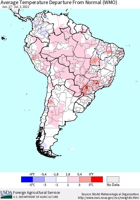 South America Average Temperature Departure from Normal (WMO) Thematic Map For 6/27/2022 - 7/3/2022