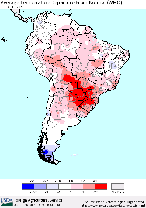 South America Average Temperature Departure from Normal (WMO) Thematic Map For 7/4/2022 - 7/10/2022