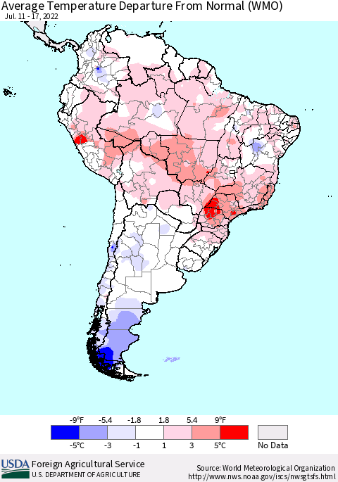 South America Average Temperature Departure from Normal (WMO) Thematic Map For 7/11/2022 - 7/17/2022