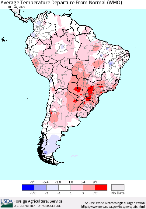 South America Average Temperature Departure from Normal (WMO) Thematic Map For 7/18/2022 - 7/24/2022