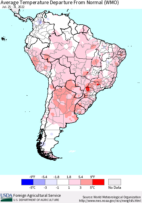 South America Average Temperature Departure from Normal (WMO) Thematic Map For 7/25/2022 - 7/31/2022