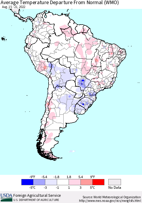 South America Average Temperature Departure from Normal (WMO) Thematic Map For 8/15/2022 - 8/21/2022
