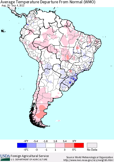 South America Average Temperature Departure from Normal (WMO) Thematic Map For 8/29/2022 - 9/4/2022