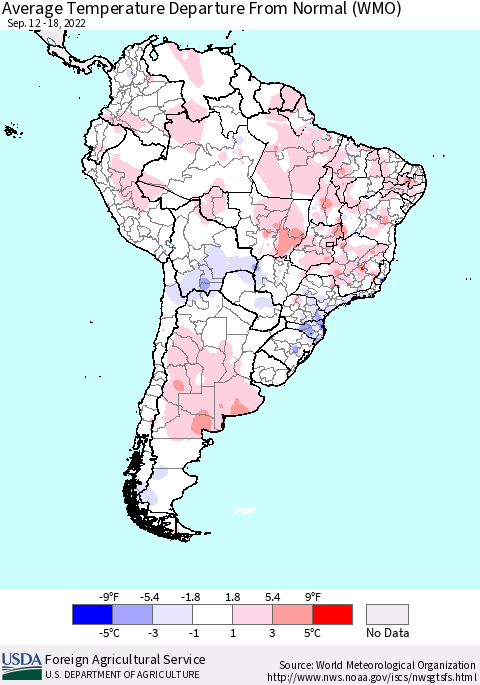 South America Average Temperature Departure from Normal (WMO) Thematic Map For 9/12/2022 - 9/18/2022