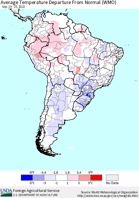 South America Average Temperature Departure from Normal (WMO) Thematic Map For 9/19/2022 - 9/25/2022