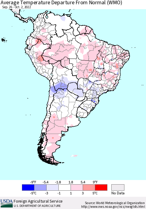 South America Average Temperature Departure from Normal (WMO) Thematic Map For 9/26/2022 - 10/2/2022
