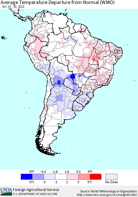 South America Average Temperature Departure from Normal (WMO) Thematic Map For 10/10/2022 - 10/16/2022