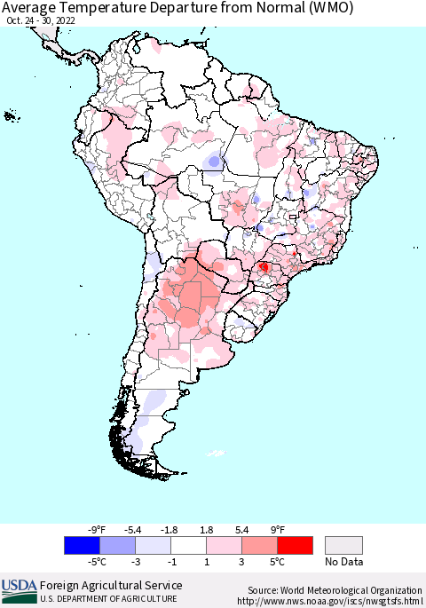 South America Average Temperature Departure from Normal (WMO) Thematic Map For 10/24/2022 - 10/30/2022