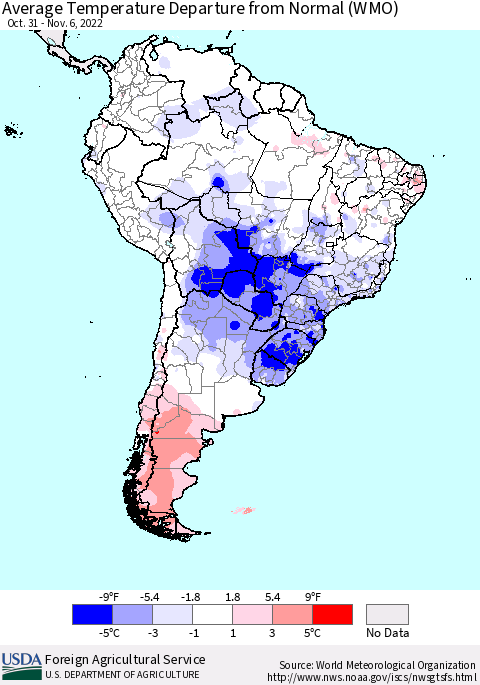 South America Average Temperature Departure from Normal (WMO) Thematic Map For 10/31/2022 - 11/6/2022