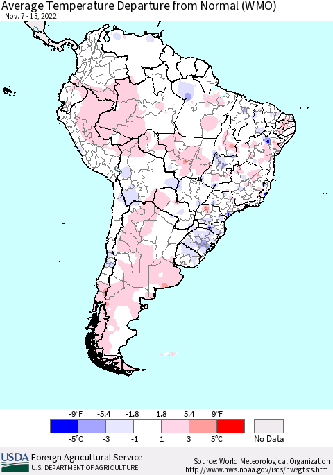 South America Average Temperature Departure from Normal (WMO) Thematic Map For 11/7/2022 - 11/13/2022