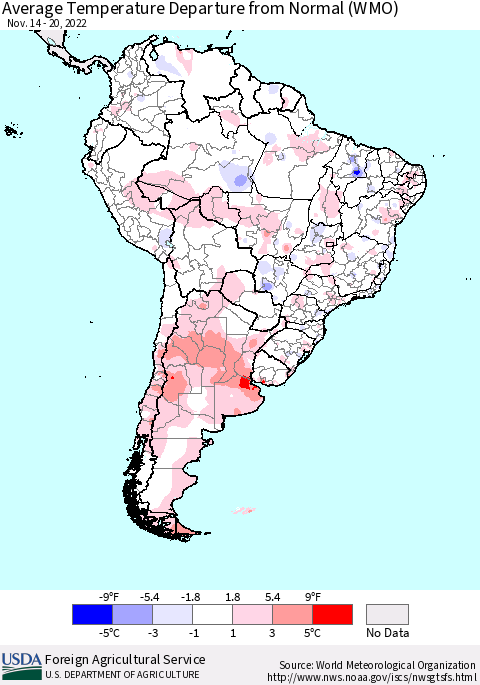 South America Average Temperature Departure from Normal (WMO) Thematic Map For 11/14/2022 - 11/20/2022