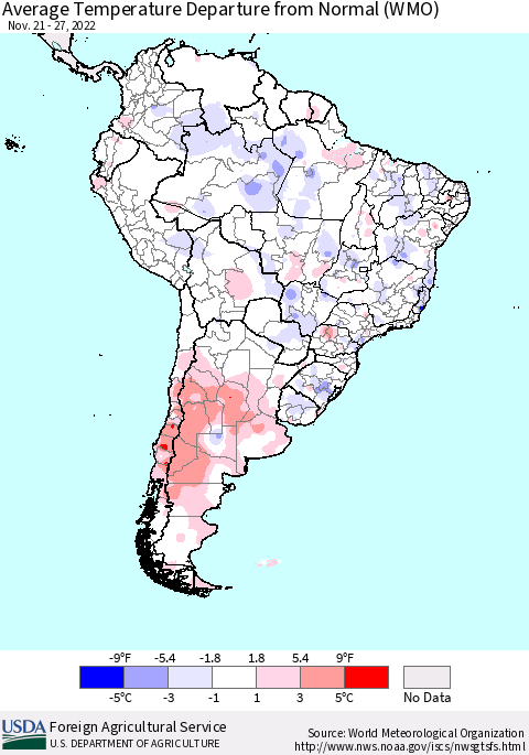 South America Average Temperature Departure from Normal (WMO) Thematic Map For 11/21/2022 - 11/27/2022
