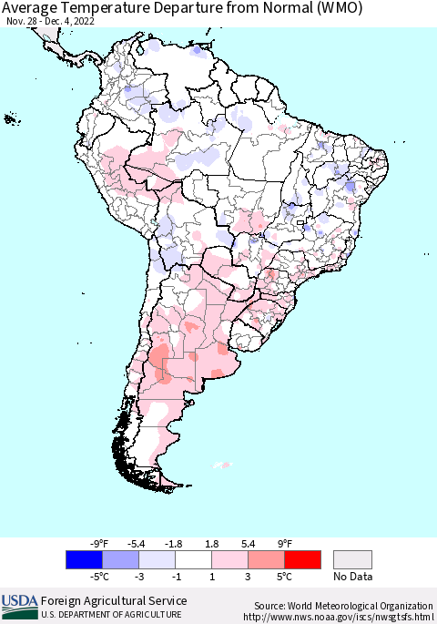 South America Average Temperature Departure from Normal (WMO) Thematic Map For 11/28/2022 - 12/4/2022