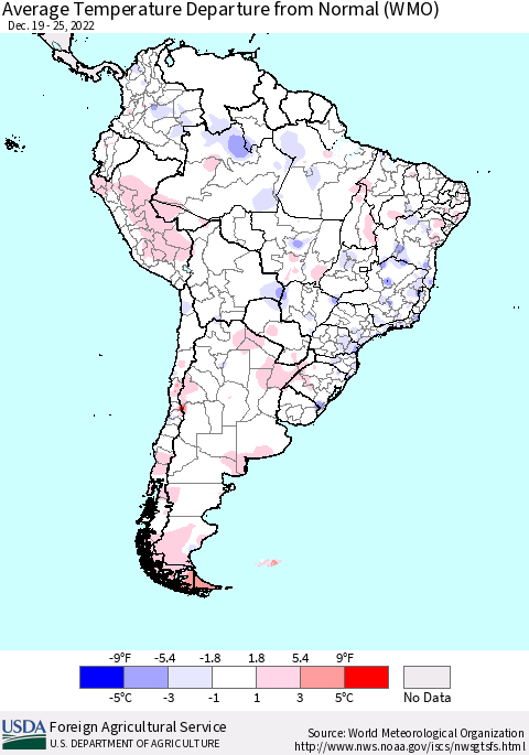 South America Average Temperature Departure from Normal (WMO) Thematic Map For 12/19/2022 - 12/25/2022