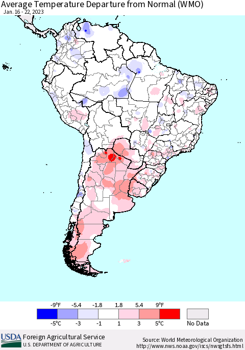 South America Average Temperature Departure from Normal (WMO) Thematic Map For 1/16/2023 - 1/22/2023