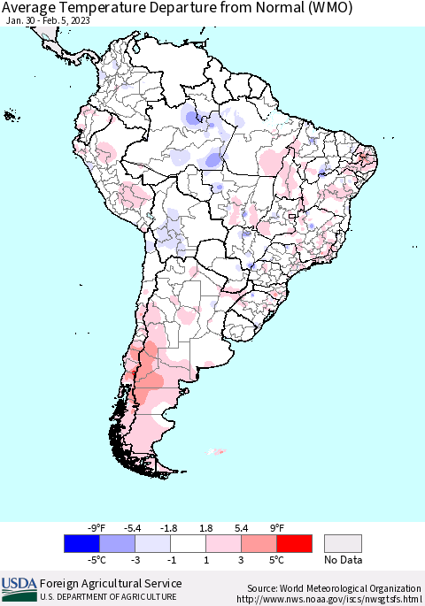 South America Average Temperature Departure from Normal (WMO) Thematic Map For 1/30/2023 - 2/5/2023