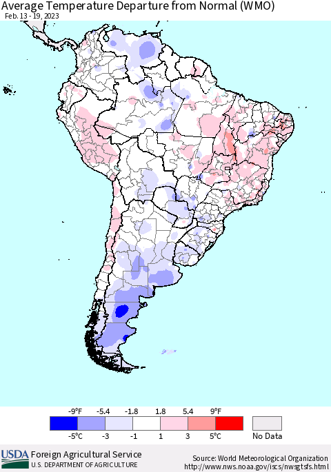 South America Average Temperature Departure from Normal (WMO) Thematic Map For 2/13/2023 - 2/19/2023