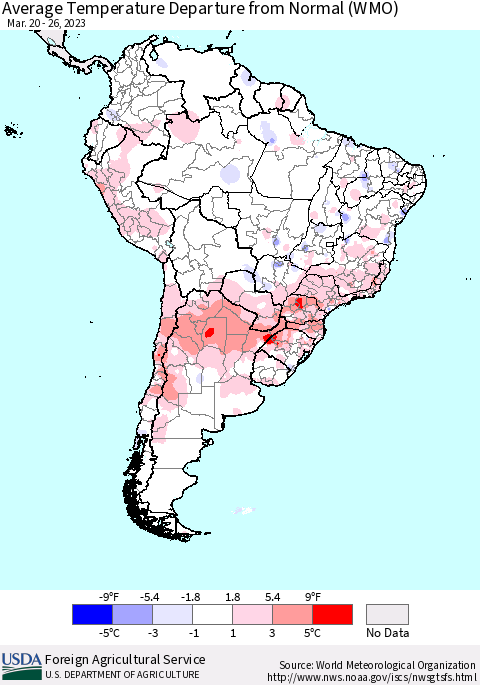 South America Average Temperature Departure from Normal (WMO) Thematic Map For 3/20/2023 - 3/26/2023