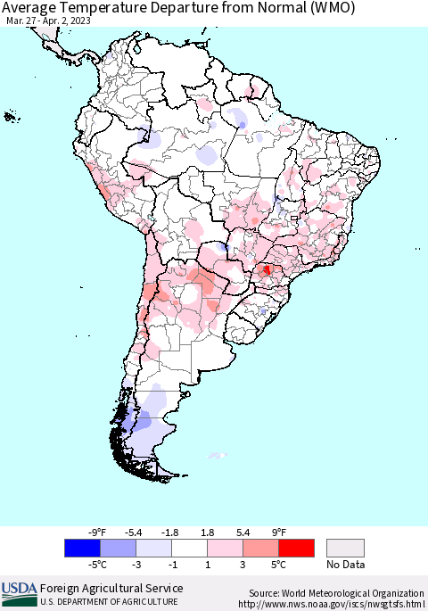 South America Average Temperature Departure from Normal (WMO) Thematic Map For 3/27/2023 - 4/2/2023