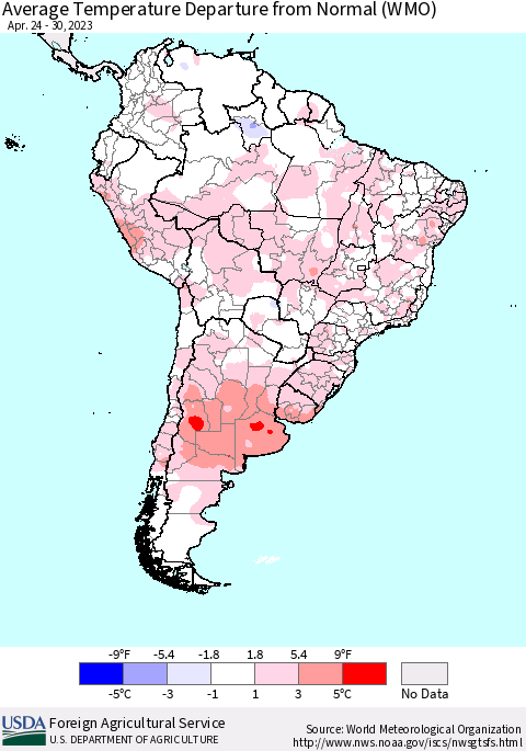 South America Average Temperature Departure from Normal (WMO) Thematic Map For 4/24/2023 - 4/30/2023