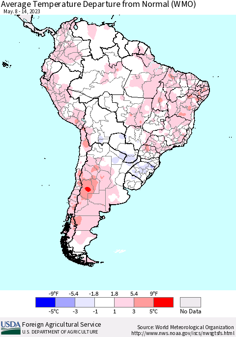 South America Average Temperature Departure from Normal (WMO) Thematic Map For 5/8/2023 - 5/14/2023