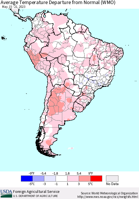 South America Average Temperature Departure from Normal (WMO) Thematic Map For 5/15/2023 - 5/21/2023