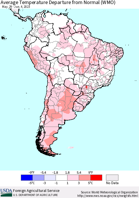 South America Average Temperature Departure from Normal (WMO) Thematic Map For 5/29/2023 - 6/4/2023