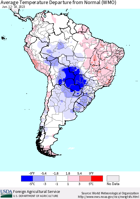 South America Average Temperature Departure from Normal (WMO) Thematic Map For 6/12/2023 - 6/18/2023