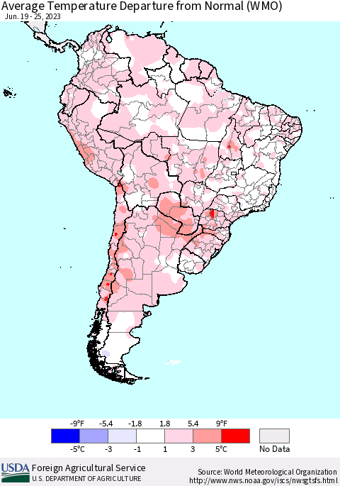 South America Average Temperature Departure from Normal (WMO) Thematic Map For 6/19/2023 - 6/25/2023