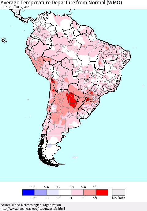 South America Average Temperature Departure from Normal (WMO) Thematic Map For 6/26/2023 - 7/2/2023