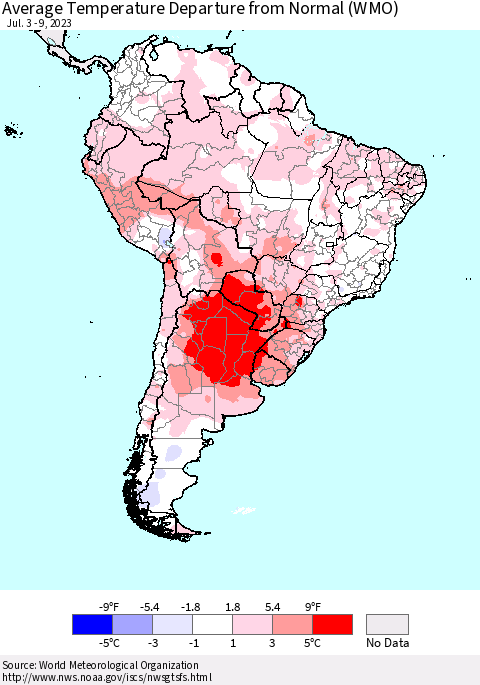 South America Average Temperature Departure from Normal (WMO) Thematic Map For 7/3/2023 - 7/9/2023