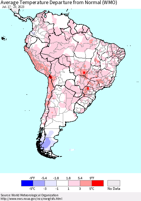 South America Average Temperature Departure from Normal (WMO) Thematic Map For 7/17/2023 - 7/23/2023