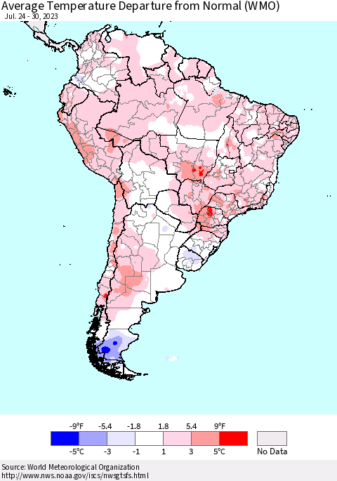 South America Average Temperature Departure from Normal (WMO) Thematic Map For 7/24/2023 - 7/30/2023