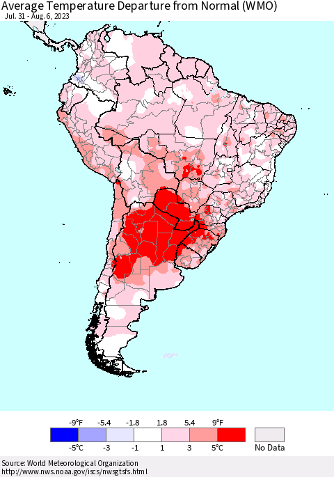 South America Average Temperature Departure from Normal (WMO) Thematic Map For 7/31/2023 - 8/6/2023
