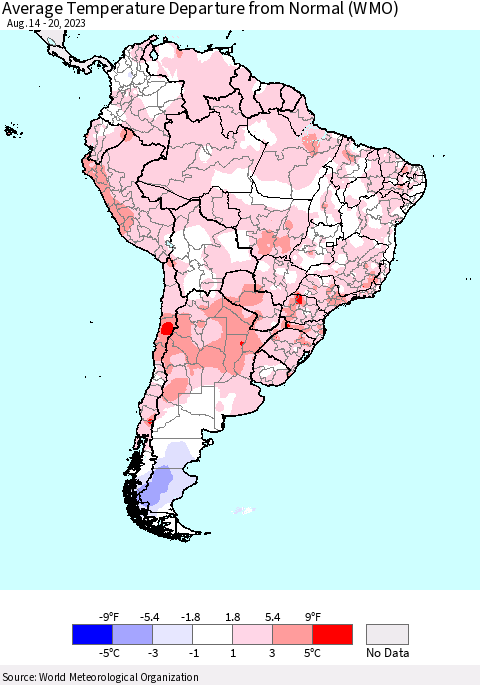 South America Average Temperature Departure from Normal (WMO) Thematic Map For 8/14/2023 - 8/20/2023
