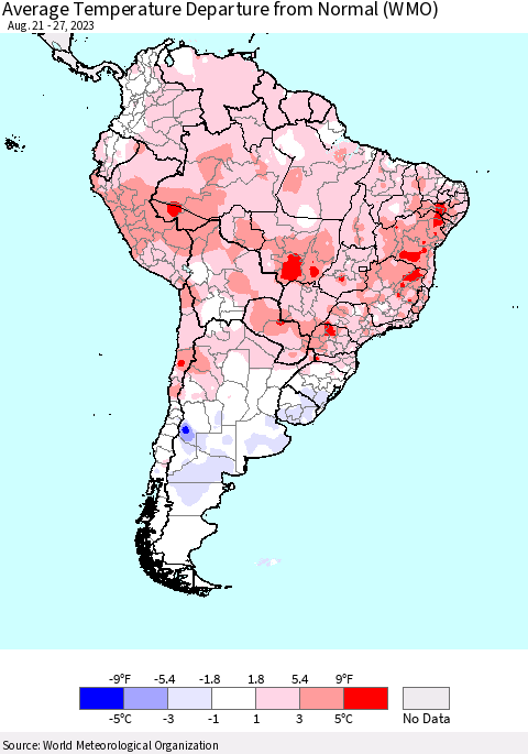 South America Average Temperature Departure from Normal (WMO) Thematic Map For 8/21/2023 - 8/27/2023