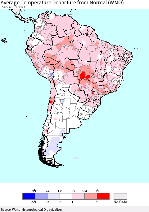 South America Average Temperature Departure from Normal (WMO) Thematic Map For 9/4/2023 - 9/10/2023
